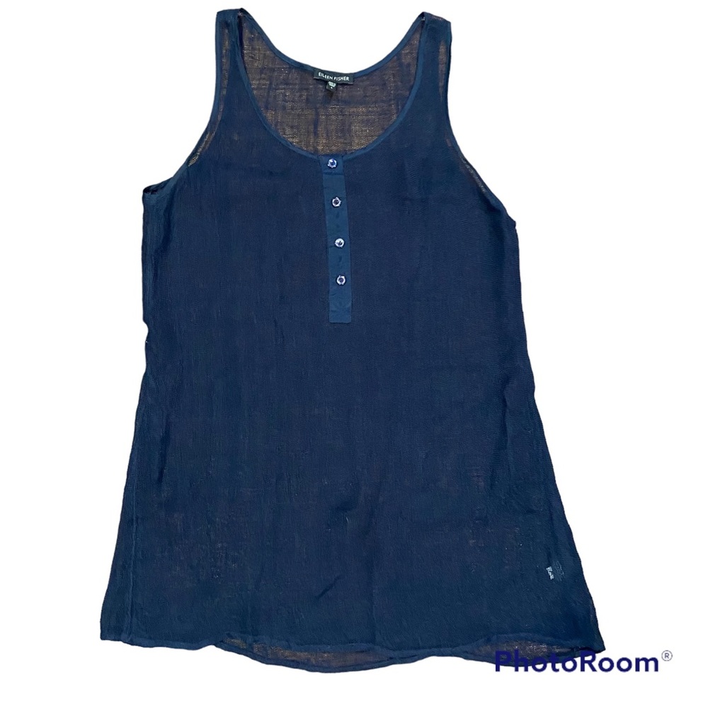 Eileen fisher midnight blue‎ woven linen mesh net Henley sleeveless tunic top S